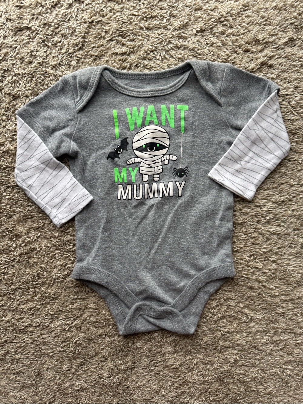 Celebrate Halloween Baby Mummy Long Sleeve Bodysuit 3-6M Gray